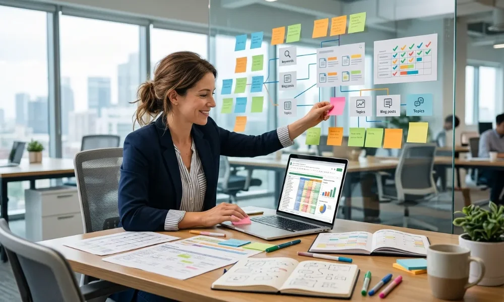 Content planner organizing topics and sticky notes on a glass wall-ChatGPT content gap prompts