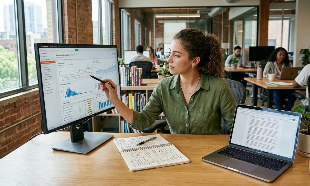 Content marketer analyzing SEO performance charts while optimizing website articles.
