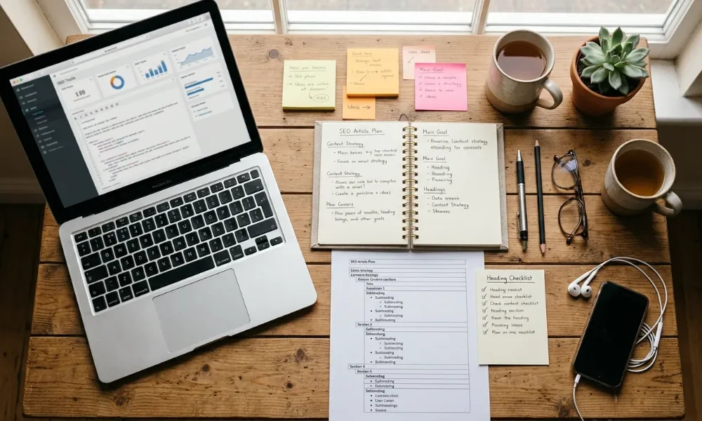 Clean desk setup with a laptop displaying SEO writing tools, an open notebook, and sticky notes