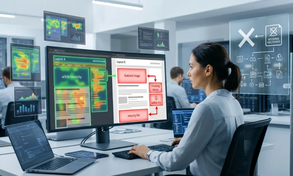  Analyst identifying missing sections and article hierarchy on a dual monitor layout. 