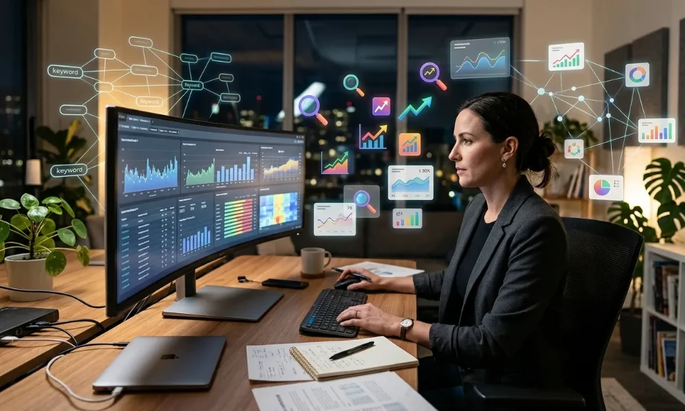  Specialist analyzing keyword metrics and trend data on an ultrawide monitor. 