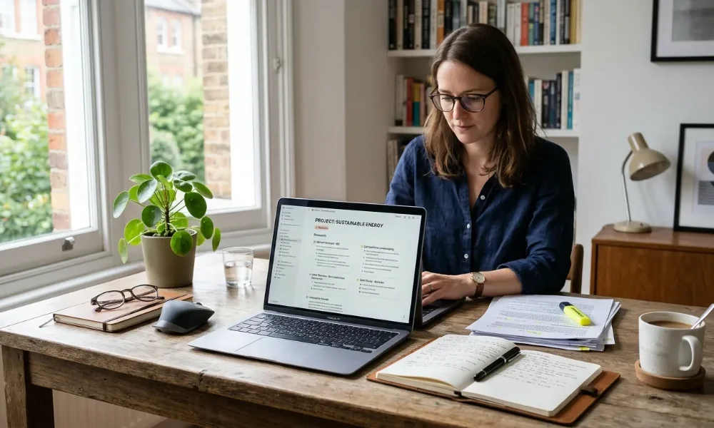 Writer drafting a research-based article on a laptop while consulting notes and source documents.