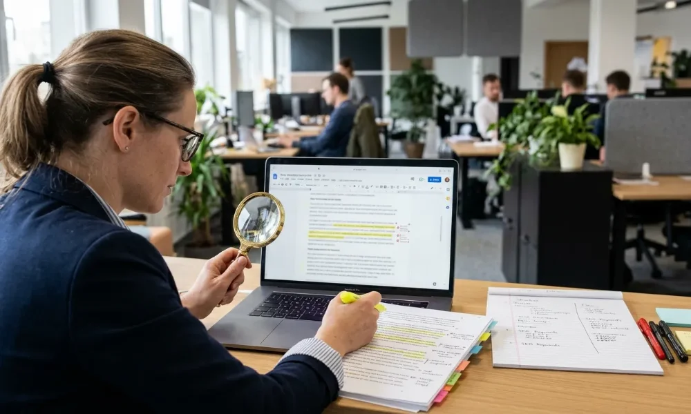 Professional using a magnifying glass to review laptop text alongside printed notes. 