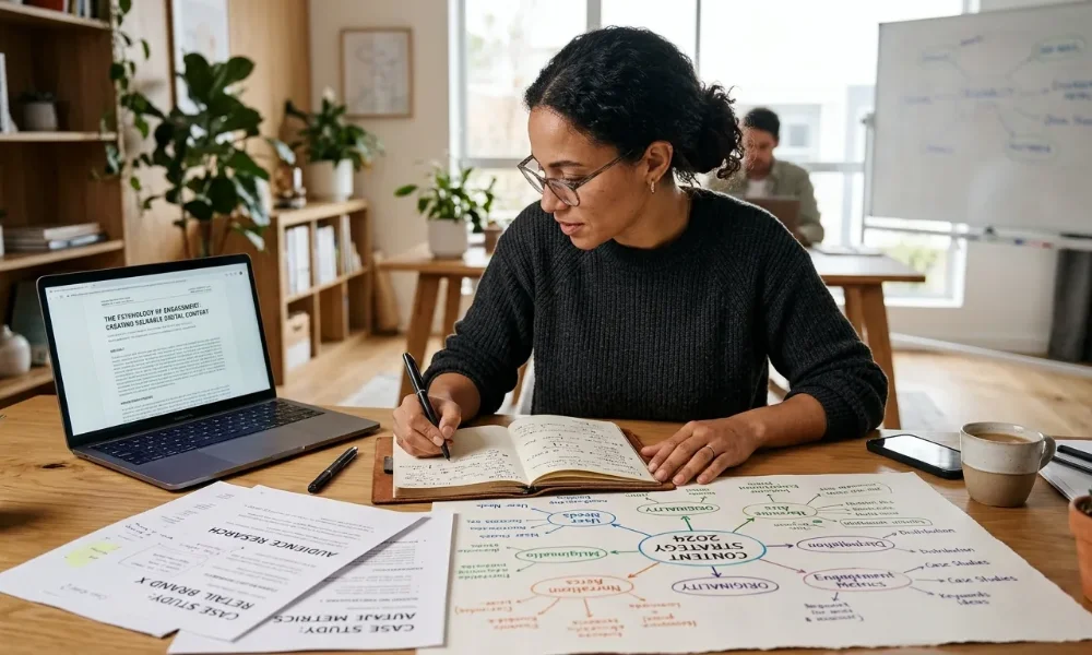 Content researcher developing an article outline using research notes, a laptop, and a mind map-ChatGPT research prompts