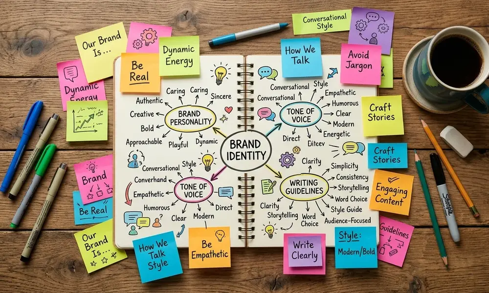 Handwritten brand identity mind map in a notebook with colorful sticky notes on tone of voice, personality, and writing guidelines.