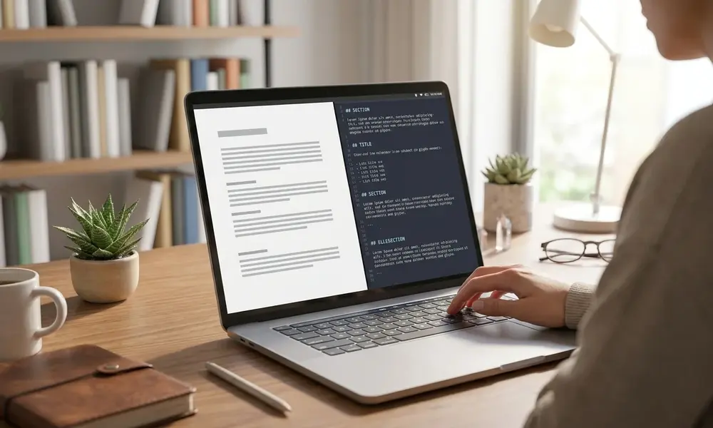 Content creator typing Claude prompts for content repurposing into a markdown editor on a laptop.