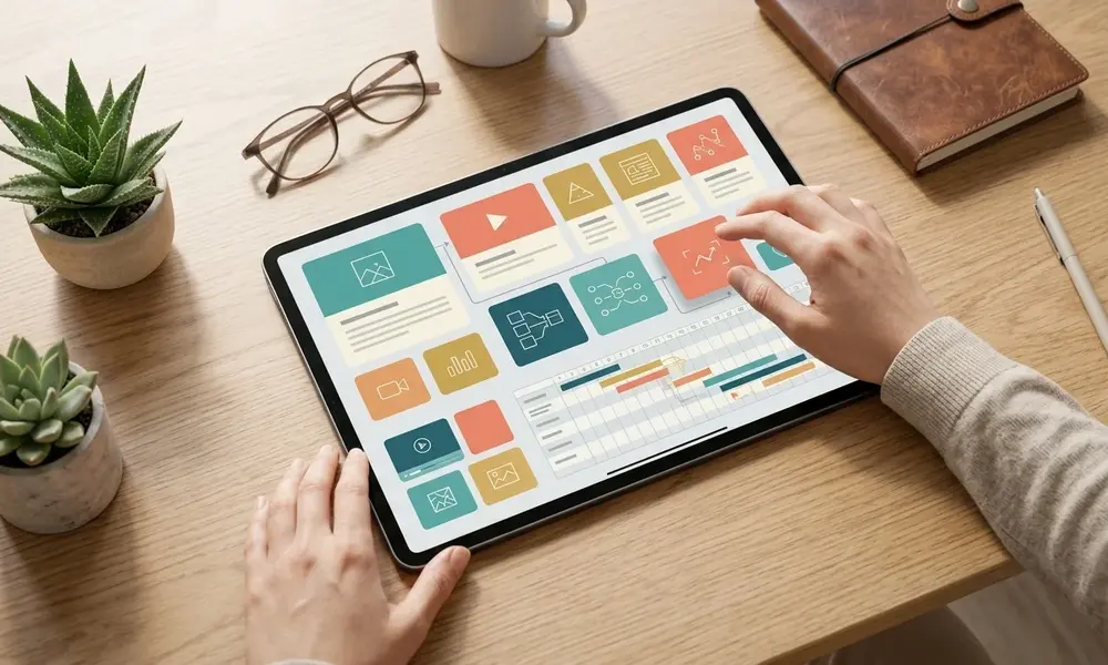 Hands using a tablet to plan a multi-platform content calendar with Claude social media prompts.