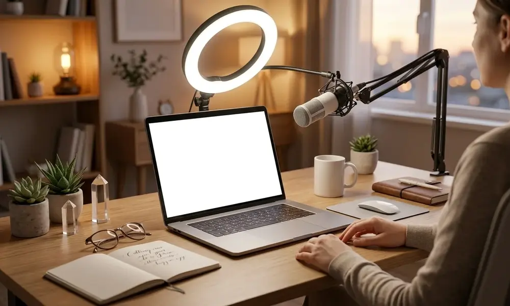 Desk setup with microphone and ring light for writing video scripts using Claude content repurposing tools.