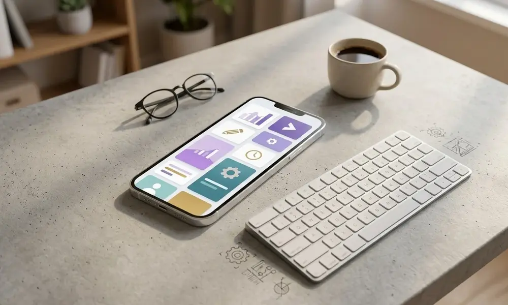 Smartphone on a desktop displaying scheduled social media posts