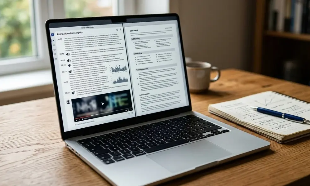 Laptop displaying a YouTube transcript beside an organized blog article draft.