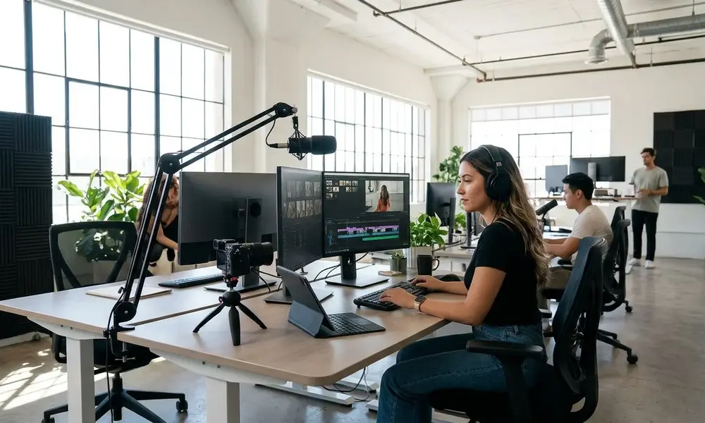 Content creator editing video and audio on multiple monitors in a bright studio.
