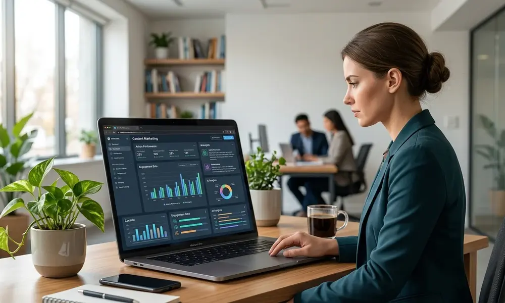Content strategist reviewing content analytics on a laptop in an office-Claude prompts to humanize AI content