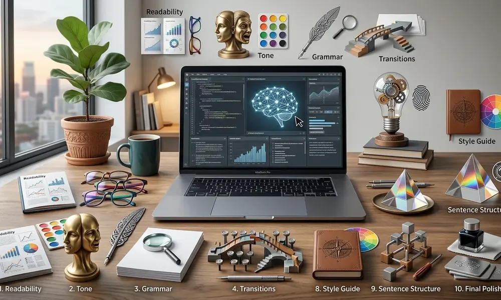 Laptop workspace with icons for grammar, readability, tone, and writing style-Claude prompts to humanize AI content