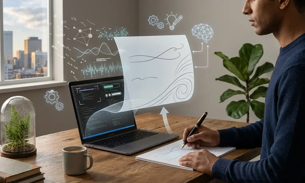 Writer editing AI-generated content on a laptop and paper-Claude prompts to humanize AI content