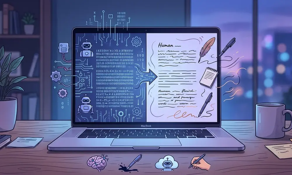 Laptop transforming robotic AI text into natural human writing.