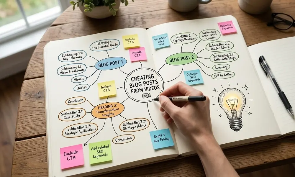 Content planning mind map with connected ideas and sticky notes.