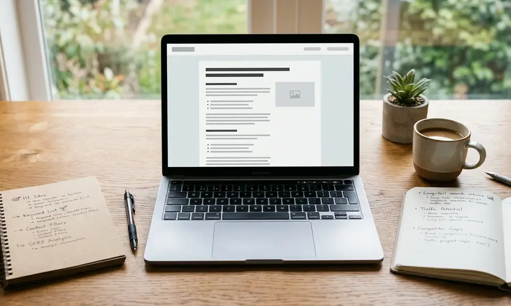 Laptop displaying a blog draft beside notebooks with SEO keywords and search analysis notes.