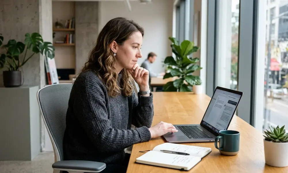Content strategist using ChatGPT brand voice prompts on a laptop in a modern office. 