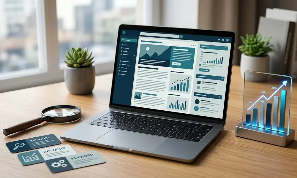 SEO analytics dashboard with keyword research and rising charts.