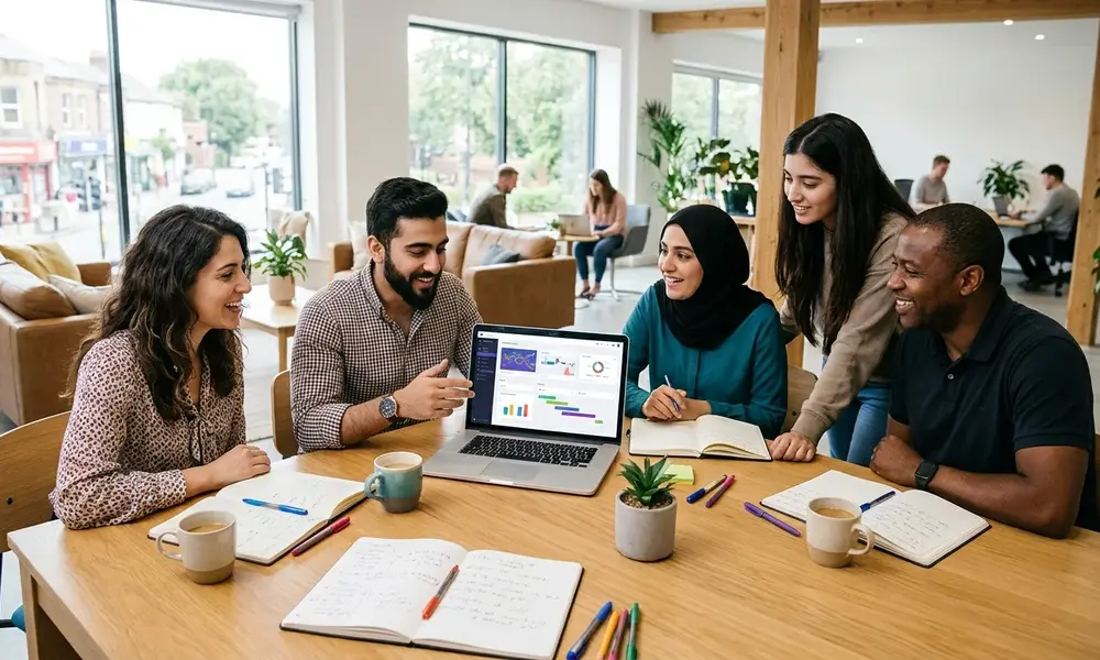 Marketing team reviewing content performance and analytics on a laptop.