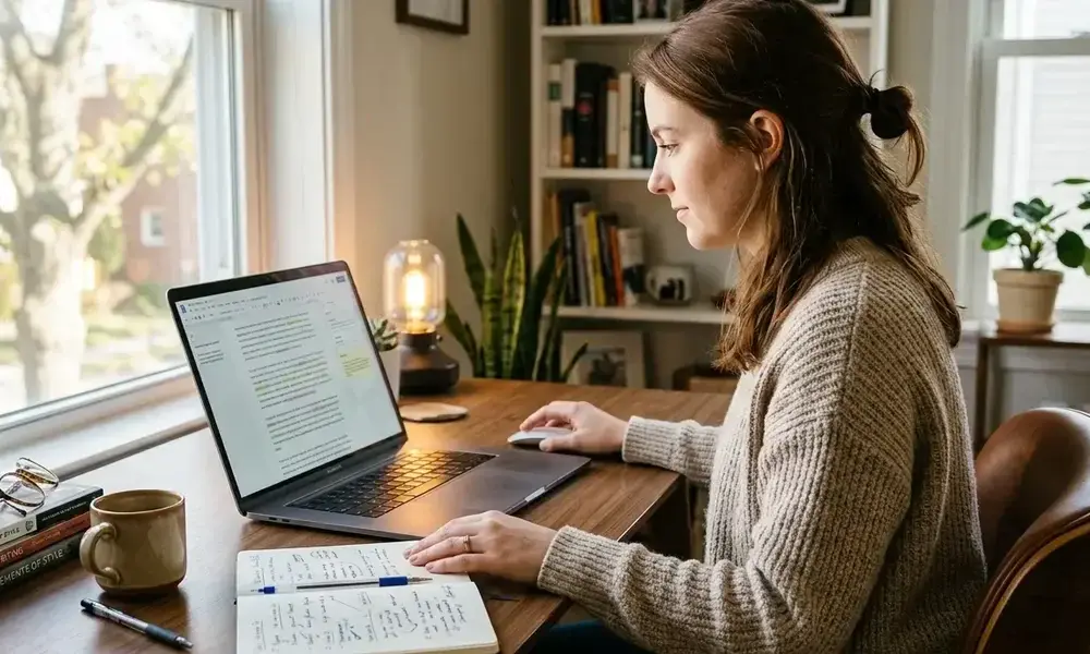 Blogger at desk editing AI post to add personal style and human voice-Claude Prompts for SEO