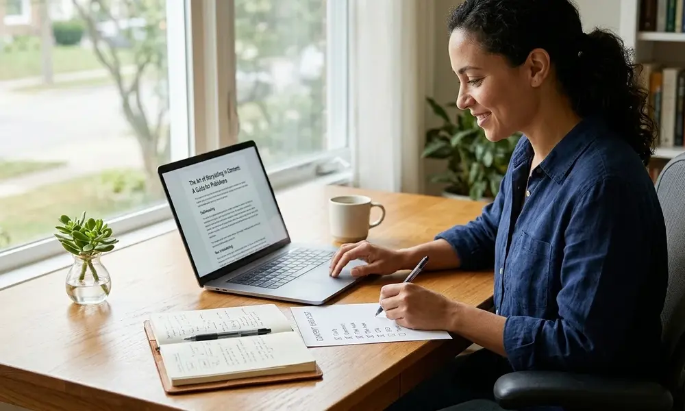 SEO content writer drafting a blog post with a checklist and notebook.