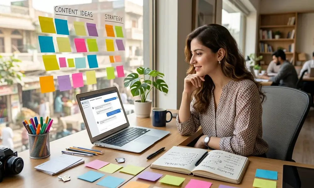Content strategist planning ideas on a laptop with sticky notes on a glass window.