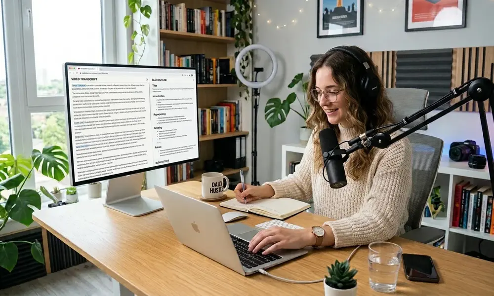 Content creator using a laptop and monitor to turn a YouTube transcript into an SEO blog post-Claude YouTube to blog prompts