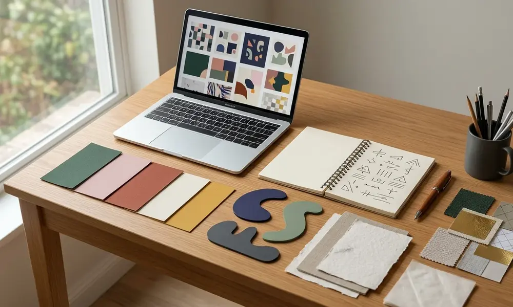 Brand mood boards with color swatches, design patterns, and fabric samples on a wooden desk.