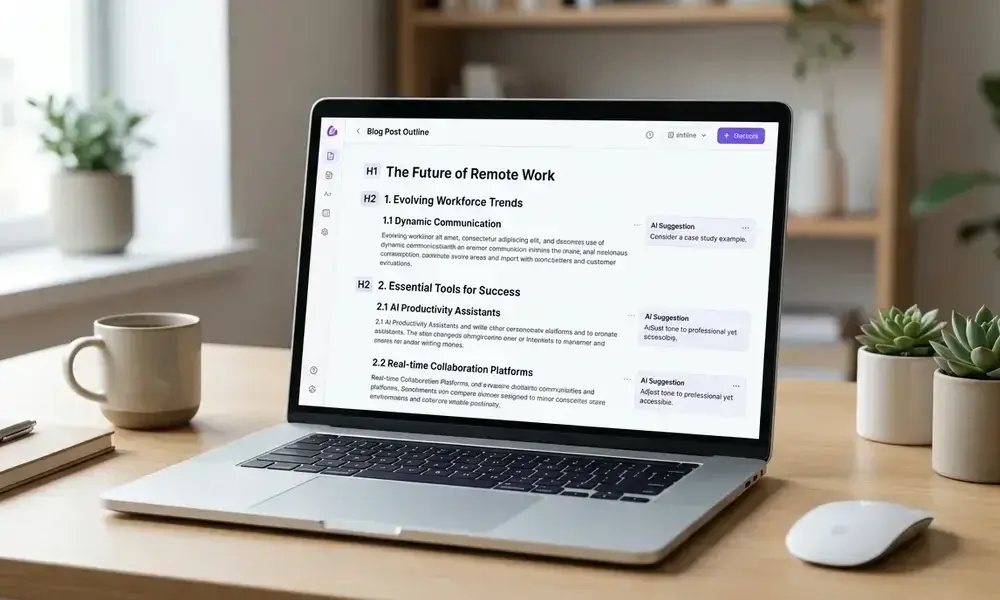 Structured blog post outline with H1 and H2 headings on a laptop screen