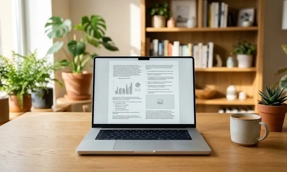Laptop displaying a brand voice guide beside coffee and indoor plants.