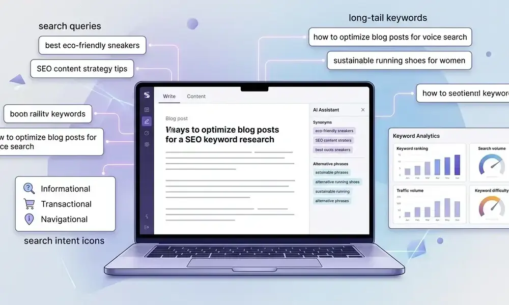 Dashboard displaying keyword research, search intent categorization-Claude Prompts for SEO