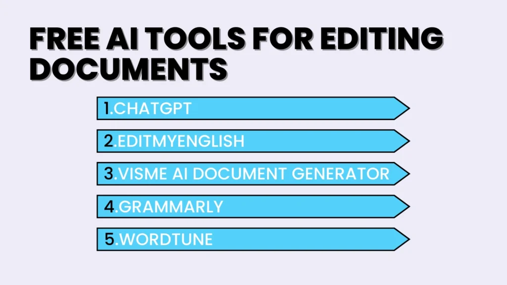 Free AI tools for document editing: ChatGPT, Edit my english, Visme, Grammarly, Wordtune - best ai tools for editing documents