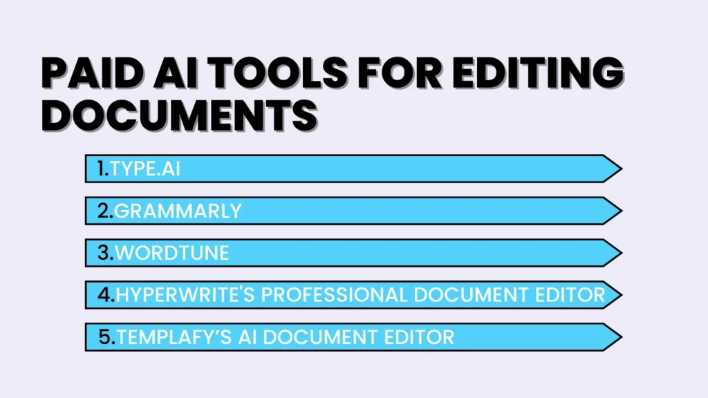Paid AI tools for dociment editing: type.AI, grammarly, Wordtune, Hyperwrite's professional document editor, Templafy's AI Document Editor - best ai tools for editing documents