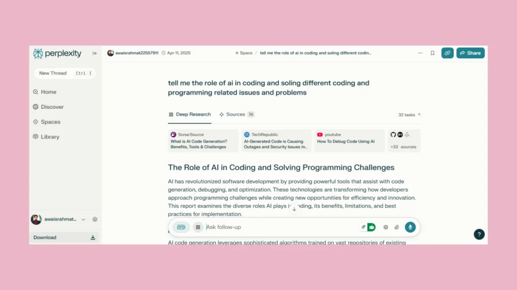 Screen shot of Perplexity - AI tool for students