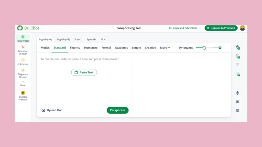 Screenshot of Quillbot - AI tool for rephrasing essays and academic content