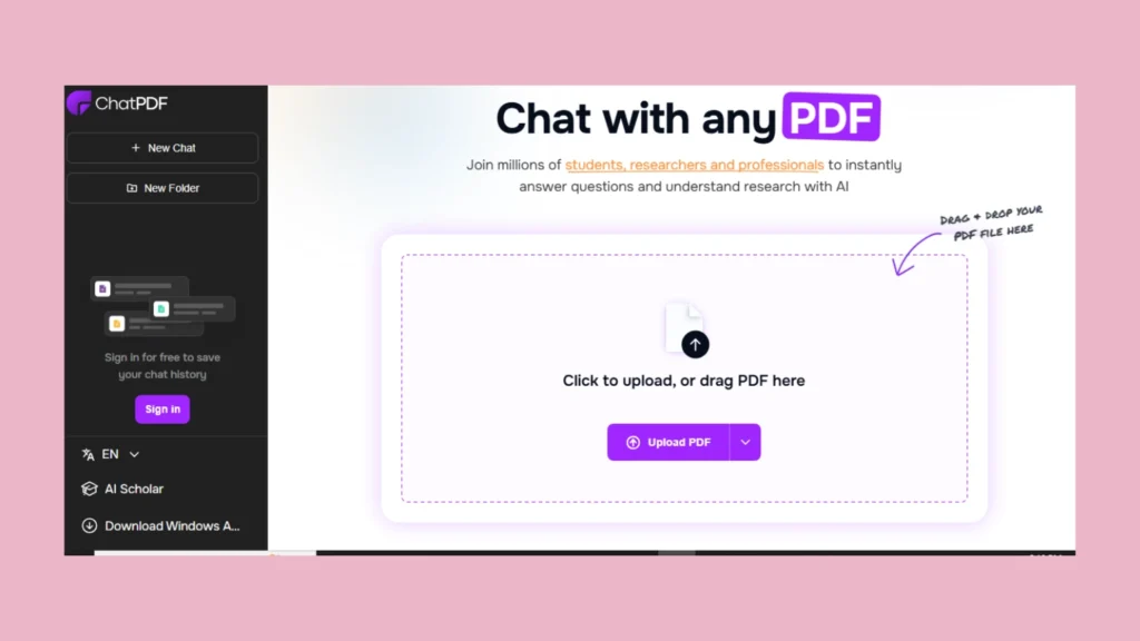 Screenshot of ChatPDF- helps student to chat with PDF and extract any required information