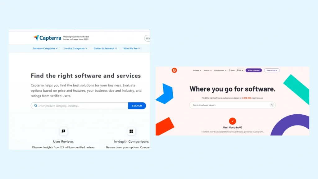 Collage of G2 and Capterra home page screenshots