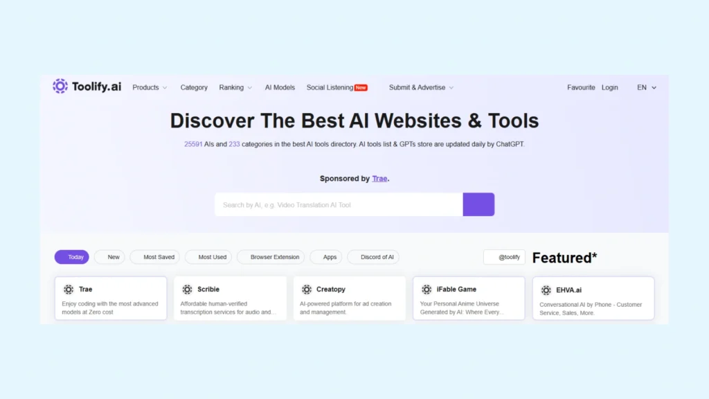 SS of the home page of Toolify, an AI comparison tool.