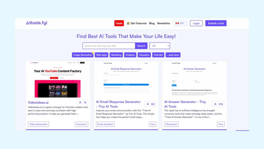 SS of the home page of AITools.fyi, it is an AI comparison tool.