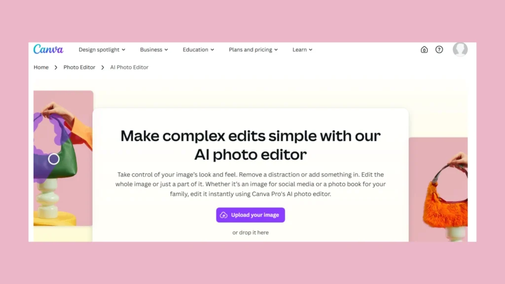 The screenshot of the homepage of Canva displaying a stylish handbag and a chic purse, showcasing their design and features prominently.