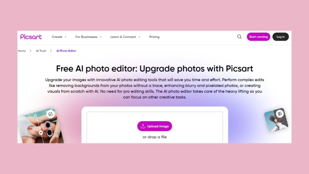 Screenshot of the homepage of Picscart showcasing a free photo editor interface with various editing tools and options visible