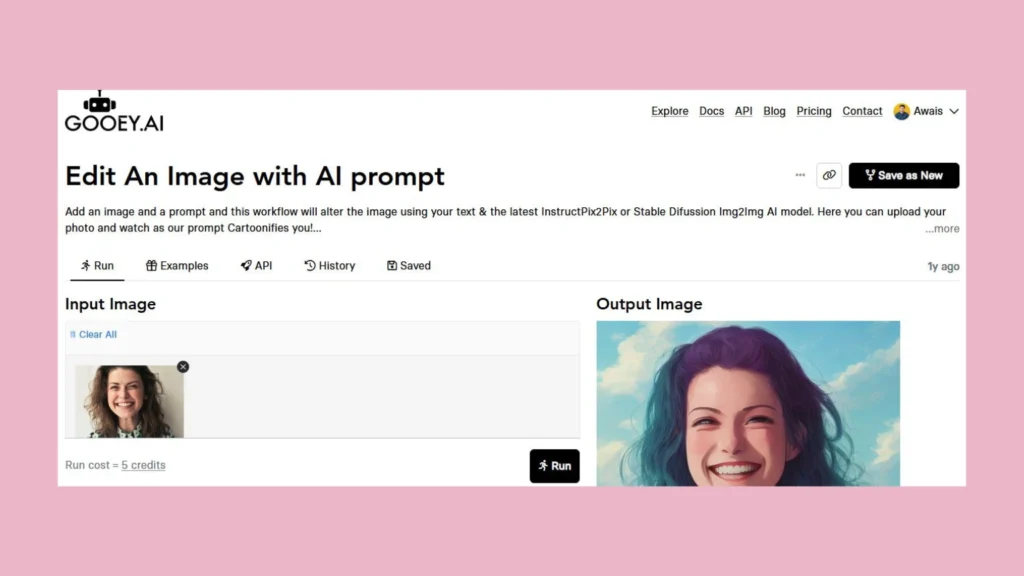 Screenshot of a Gooey.ai website showcasing a free photo editor interface with various editing tools and options visible.