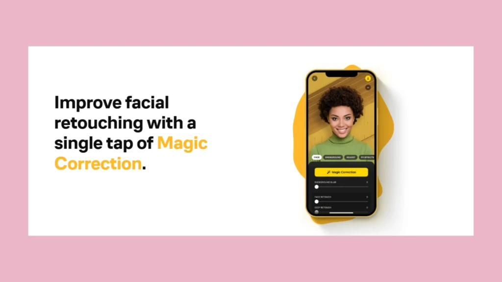 The homepage screenshot of Lesa AI tool on thich a mobile device featuring the phrase "Improve facial retouching with a single tap of magic correction" on its display.