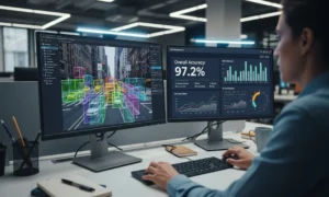 Man analyzing data on two monitors