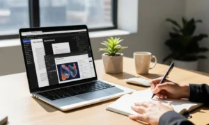 Person writing in notebook next to laptop with "Generative AI" on screen