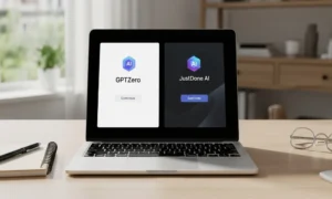 Laptop screen showing GPTZero and JustDone AI