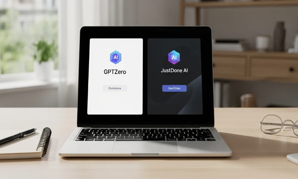 Laptop screen showing GPTZero and JustDone AI