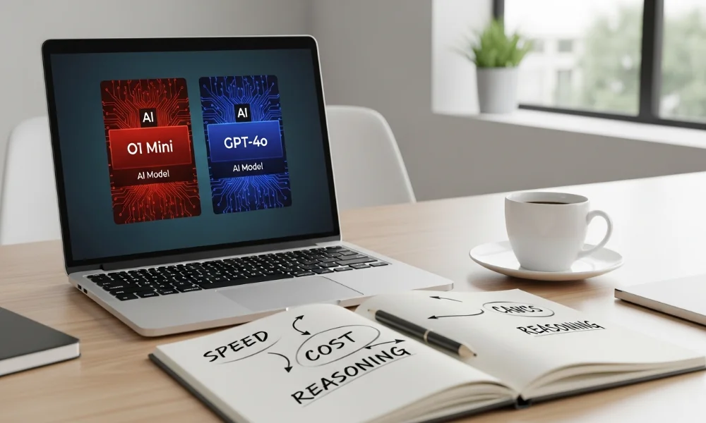 laptop with ai models notebook with speed cost reasoning diagram coffee cup