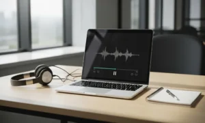 Laptop with audio waveform, headphones, notebook